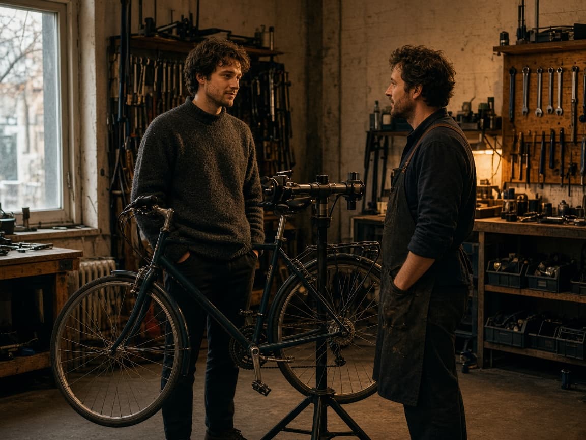Une conversation calme dans un atelier de vélo de quartier à Montréal.