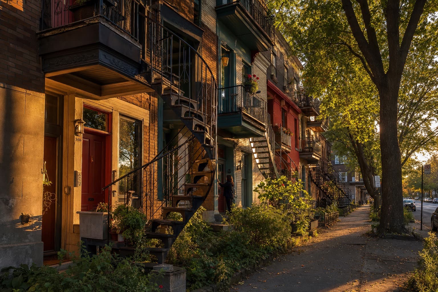 Une rue de plex du Plateau à Montréal, soleil bas sur les escaliers.